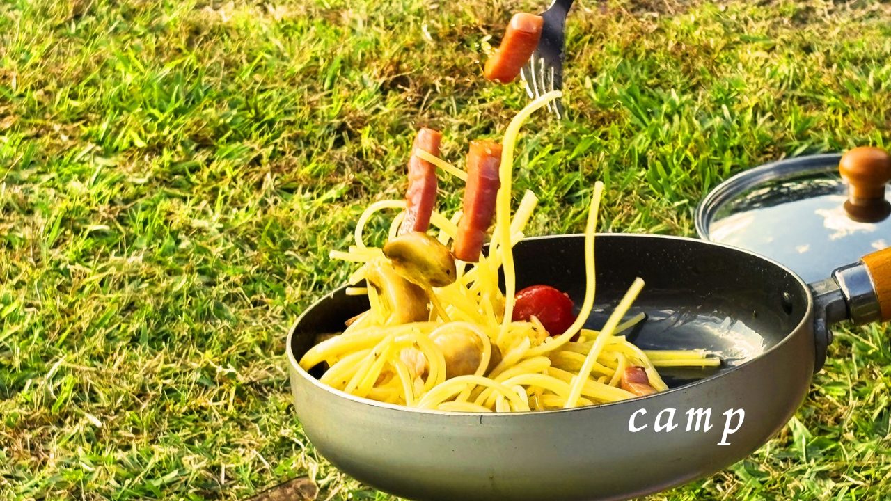 ★キャンプ飯 少しがっつりメインも編 パスタ、アヒージョ、フライドポテト、鍋、うどん、柿とクリームチーズのホイル焼き、焼き芋